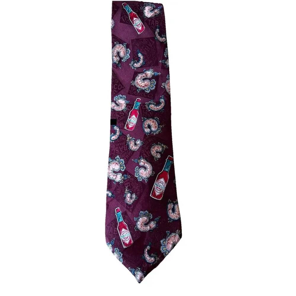 Tabasco Shrimp Neck Tie 100% Silk Made in USA Gulf Coast Shrimp Boil Party Y2K